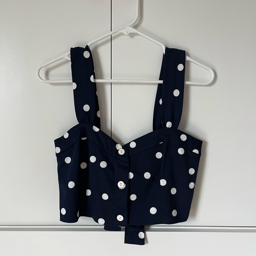 Zara Navy and White Polka Dot Crop Top